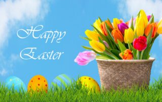 Happy-Easter with picture of flowers and Easter eggs