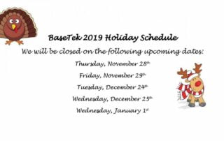 BaseTek holiday schedule with turkey and raindeer